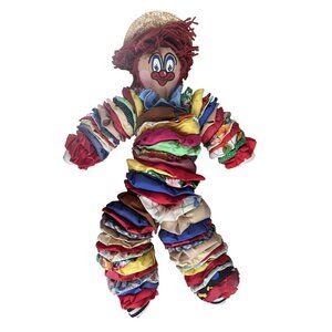 Vintage Hand Made Quilt Circle Clown Cloth With Straw Hat 21" x 12"